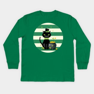 Black cat with shamrock Kids Long Sleeve T-Shirt